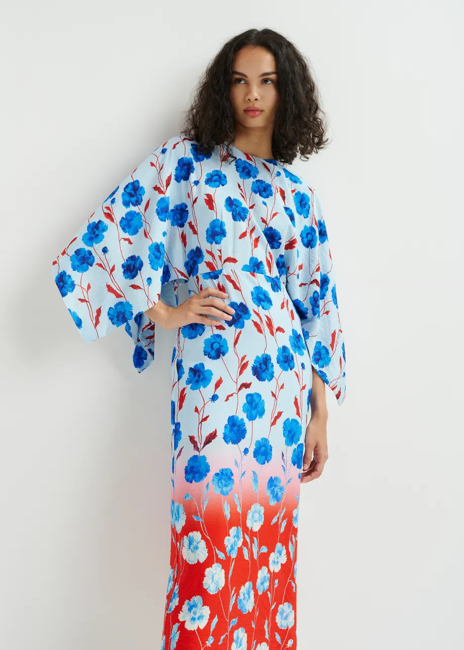 Blue, red and white floral print midi dress with kimono sleeves