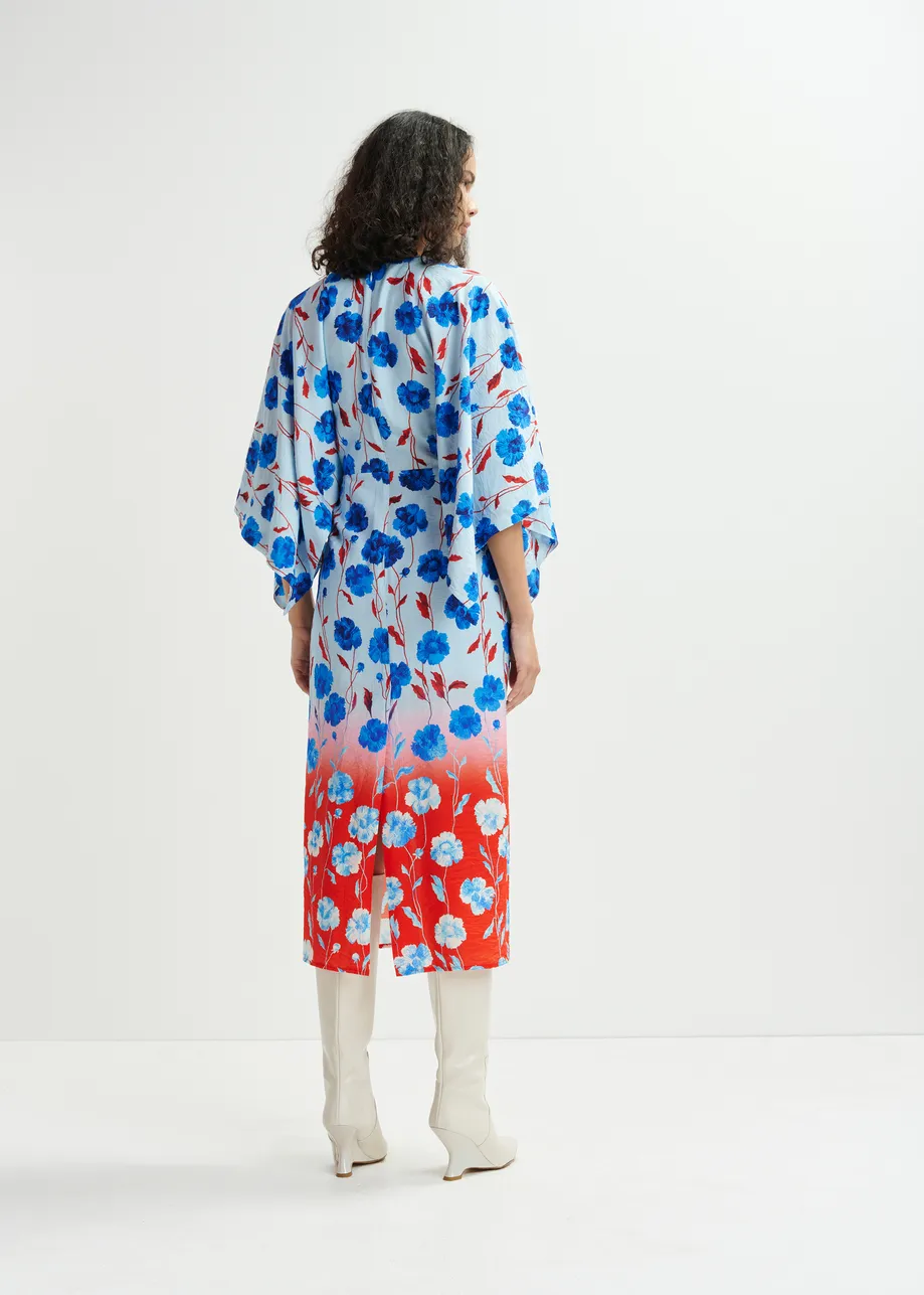 Robe mi-longue à manches kimono et imprimé fleuri bleue, rouge et blanche