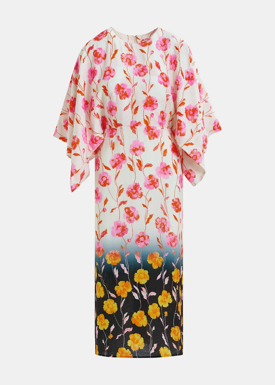 Robe mi-longue à manches kimono et imprimé fleuri blanc cassé, rose et noire