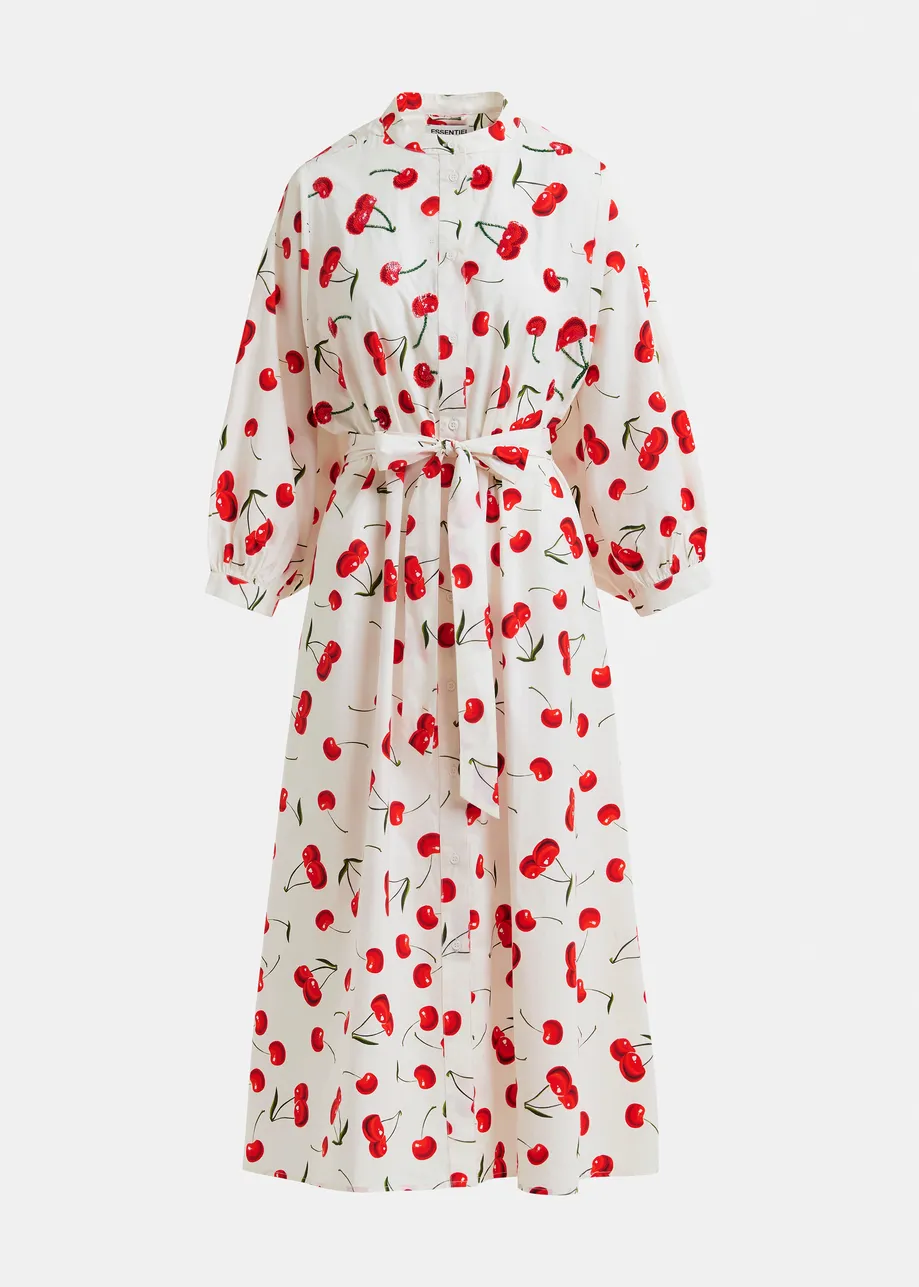 Robe longue à col mandarin et imprimé cerises blanche, rouge et verte