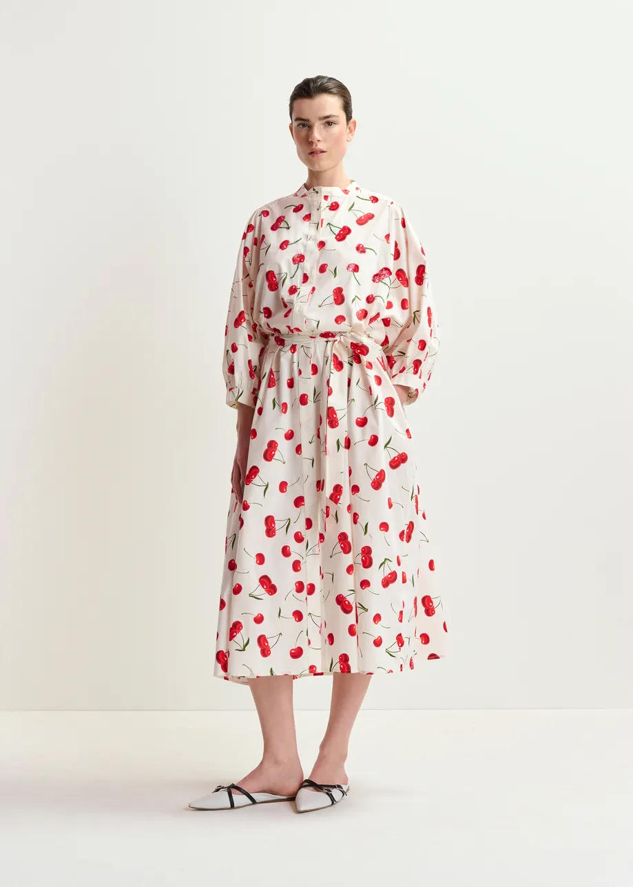 White, red and green cherry print maxi dress with mandarin collar