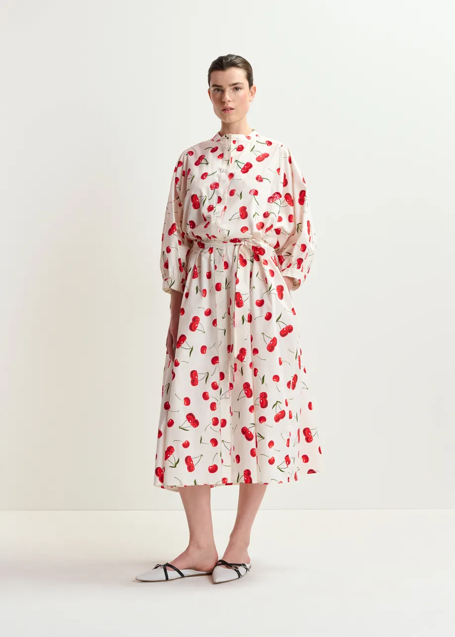 White, red and green cherry print maxi dress with mandarin collar