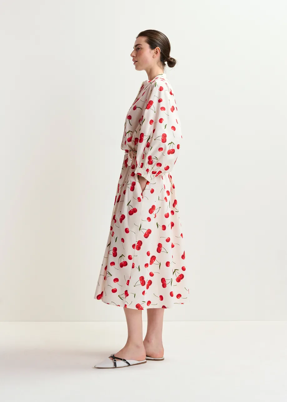 White, red and green cherry print maxi dress with mandarin collar