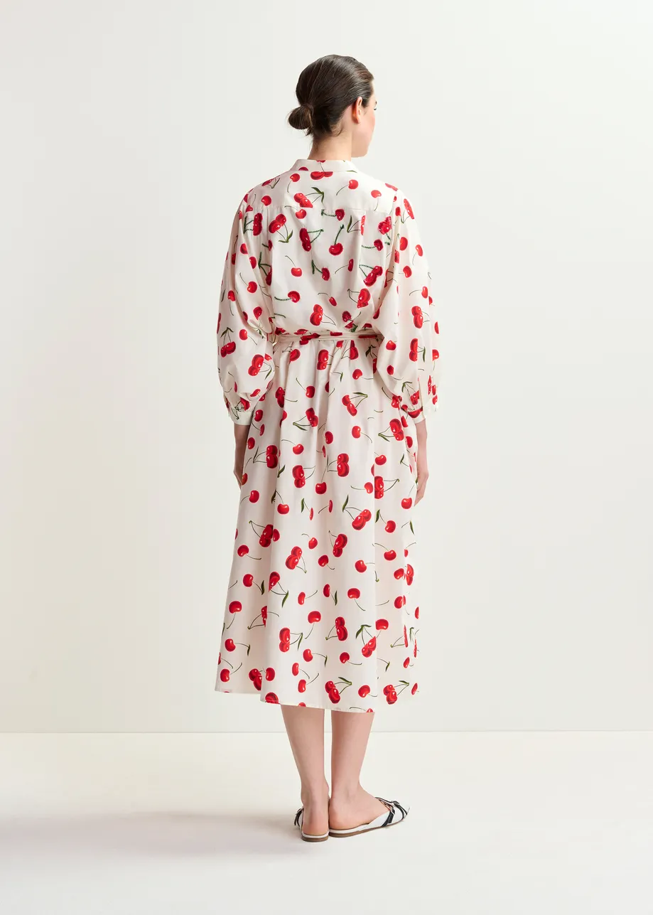 White, red and green cherry print maxi dress with mandarin collar