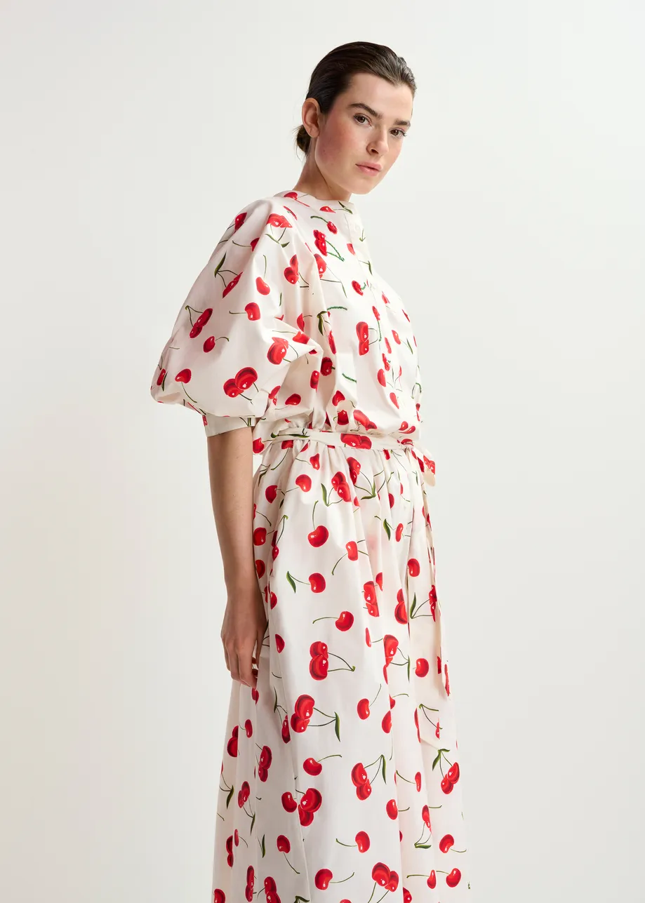 White, red and green cherry print maxi dress with mandarin collar