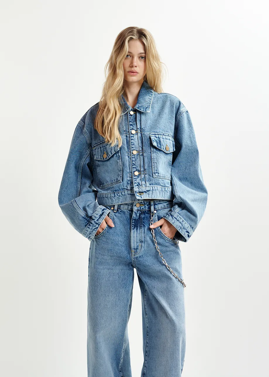 Giacca cropped in denim blu