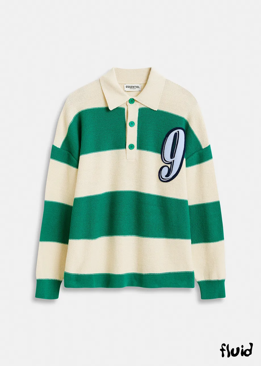 Beige and green striped knitted polo with appliqued patch