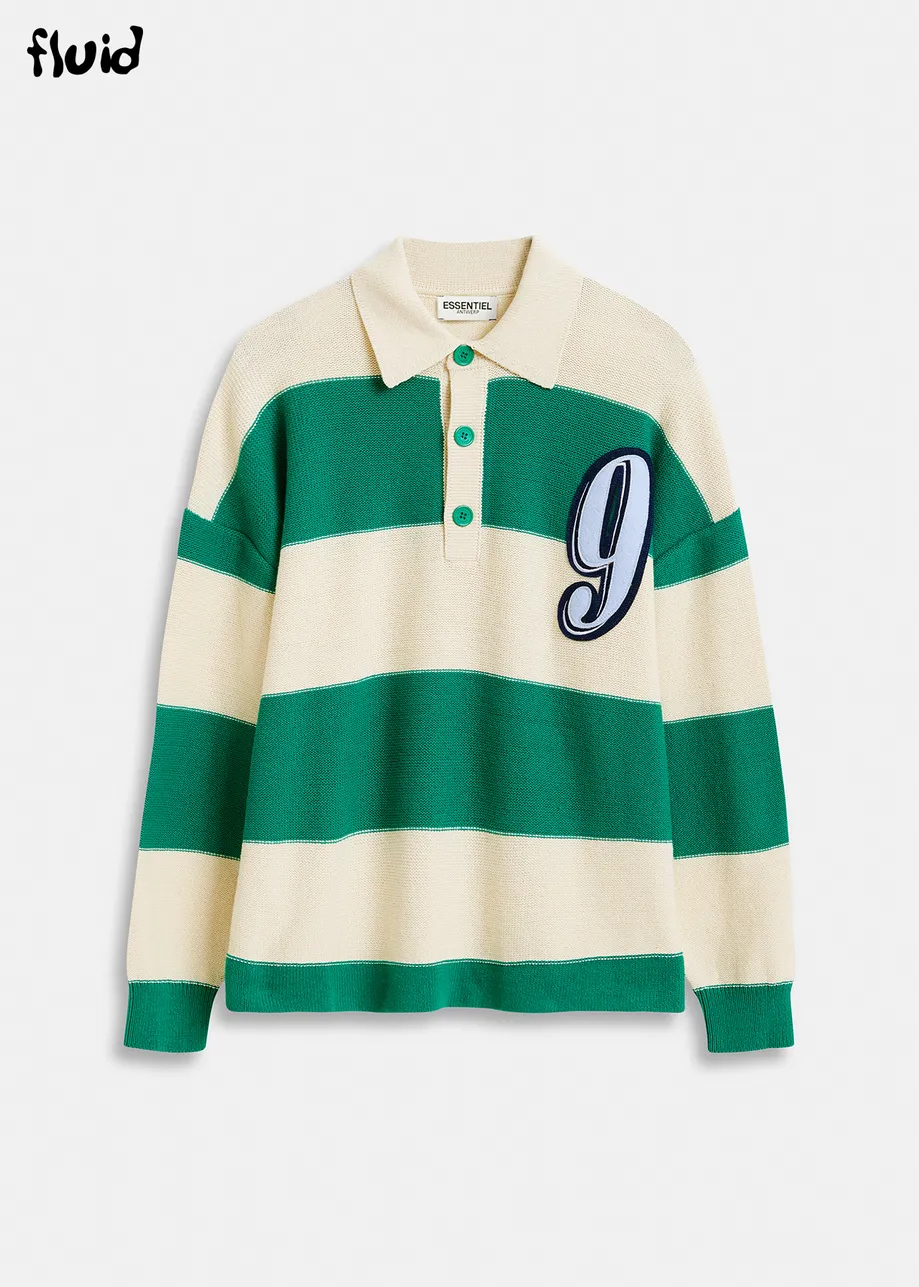 Beige and green striped knitted polo with appliqued patch