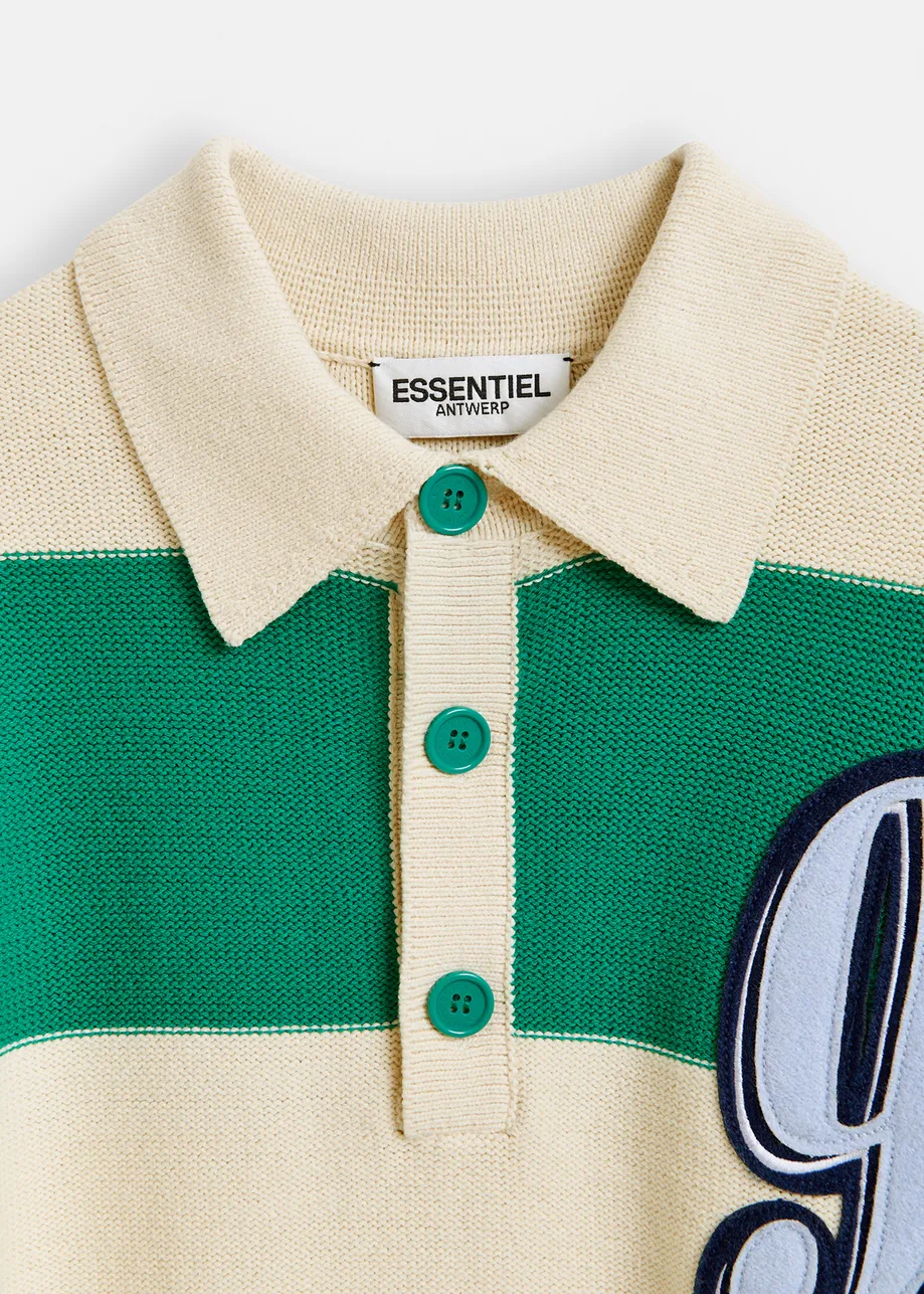 Beige and green striped knitted polo with appliqued patch