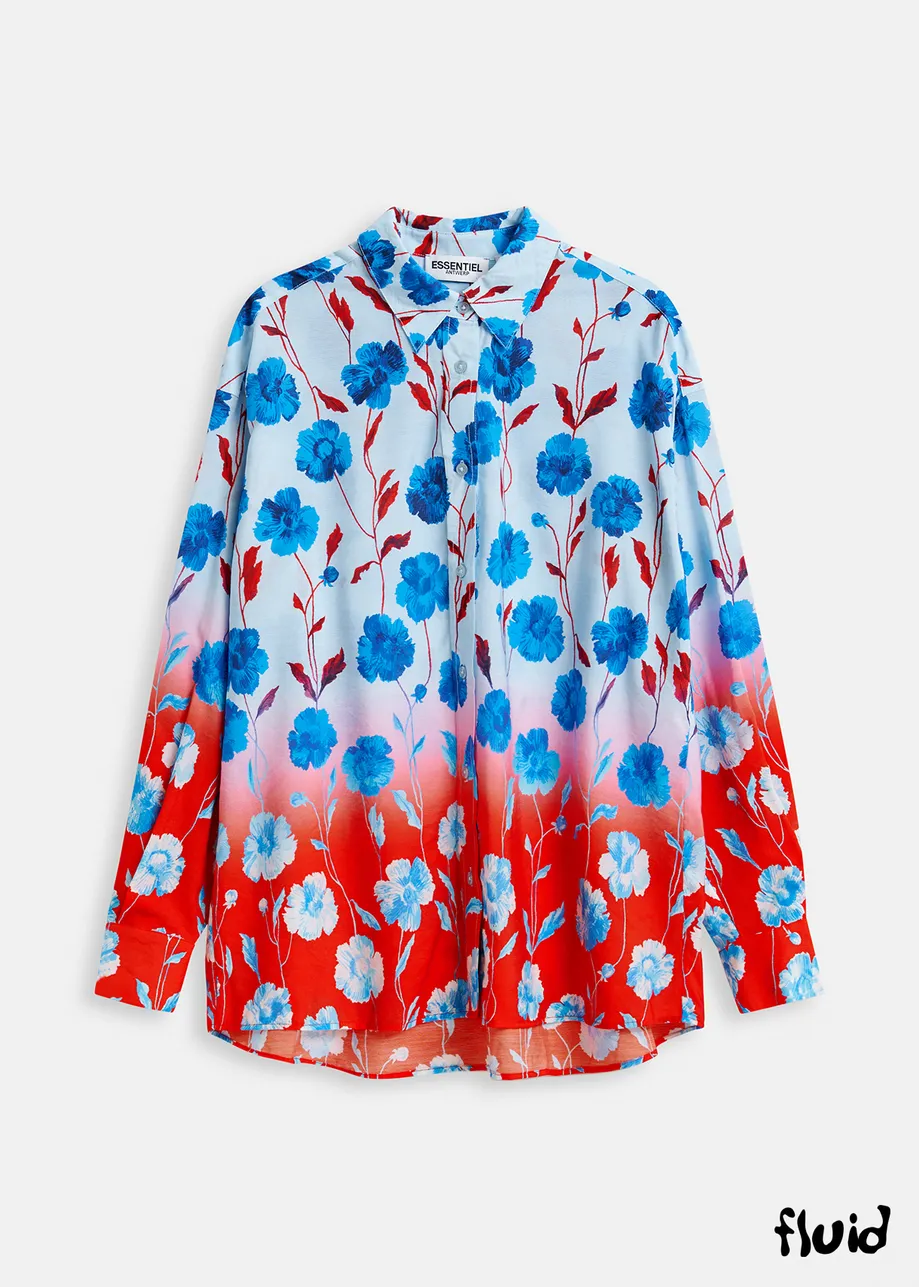 Blue, red and white satin shirt with floral print