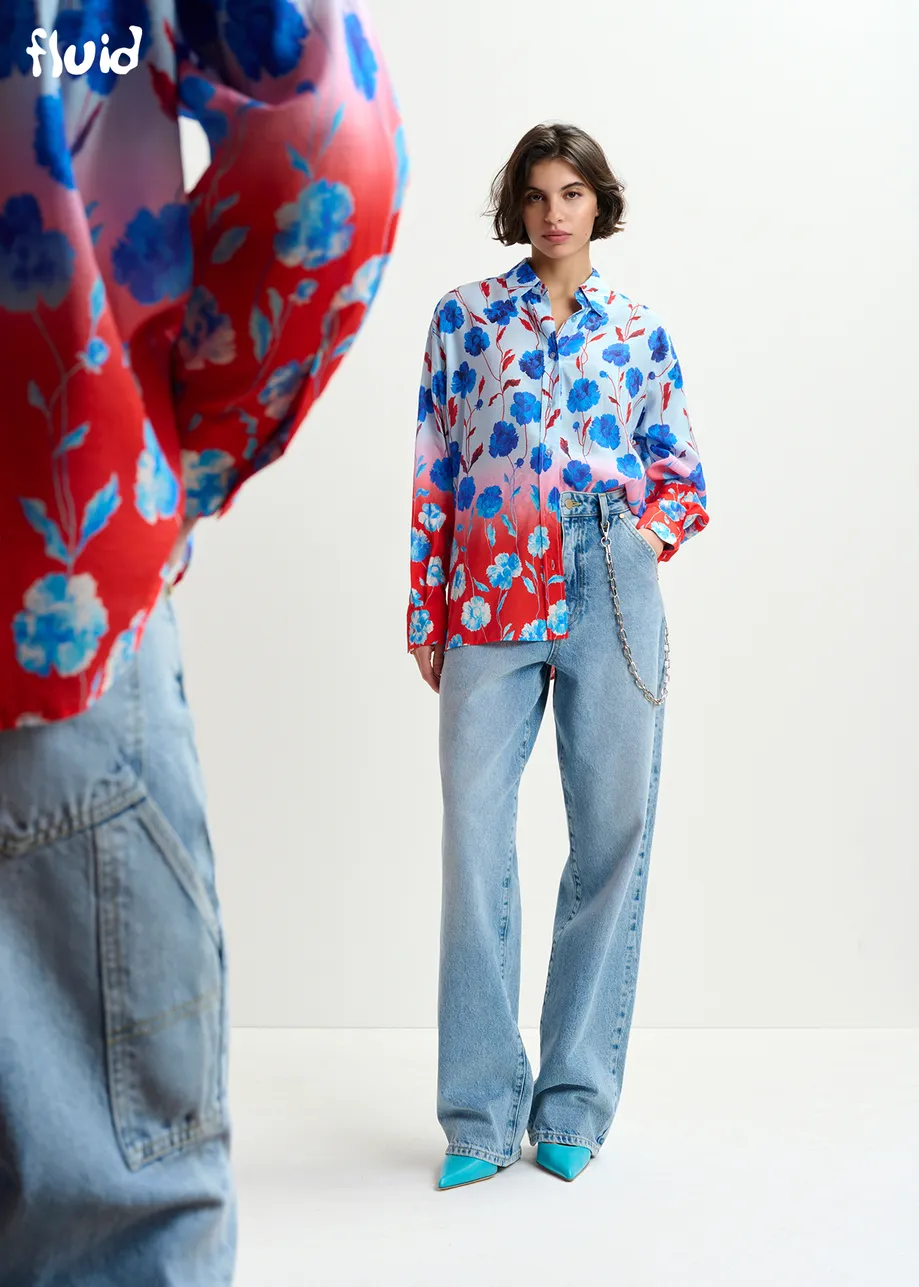 Blue, red and white satin shirt with floral print