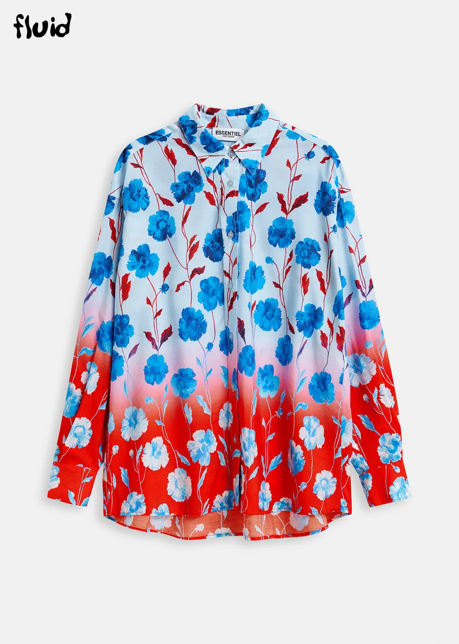 Blauw, rood en wit satijnen overhemd met bloemenprint