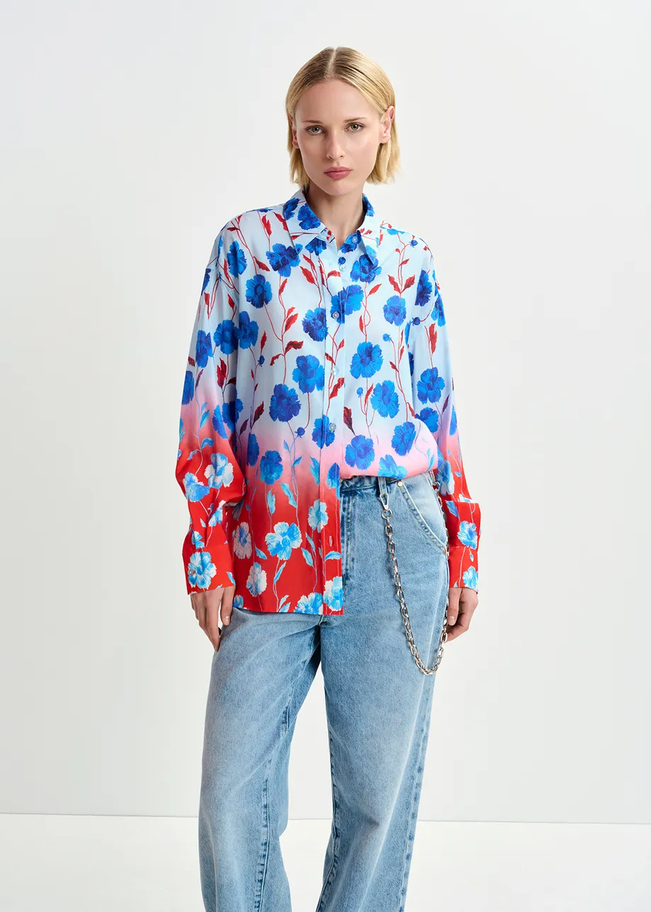 Blue, red and white satin shirt with floral print