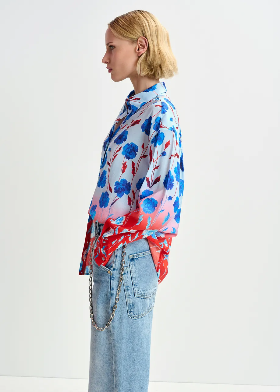 Blue, red and white satin shirt with floral print