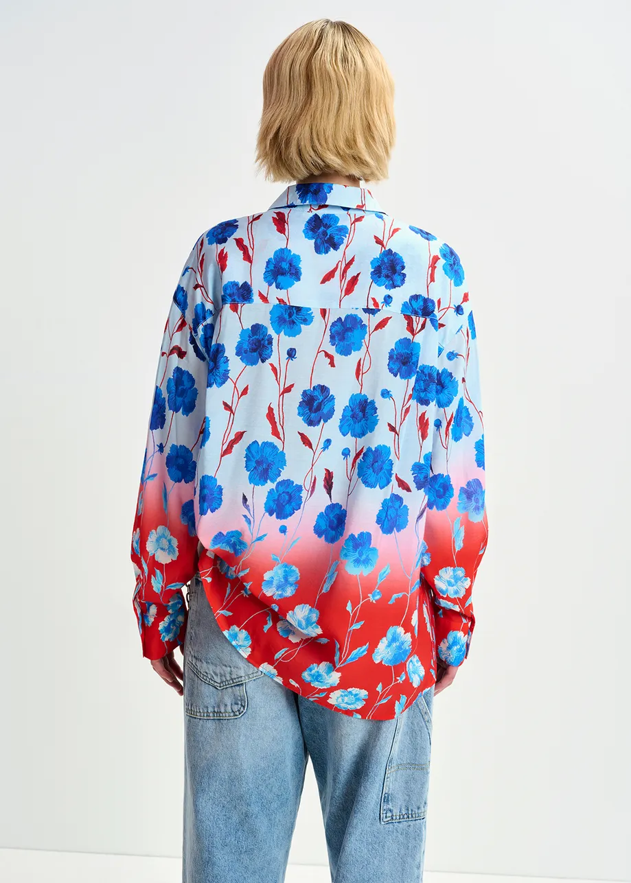 Blue, red and white satin shirt with floral print