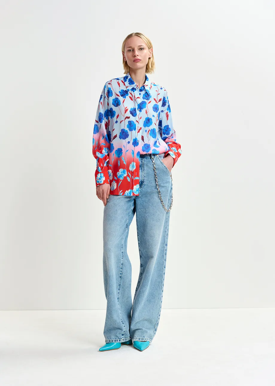 Blue, red and white satin shirt with floral print