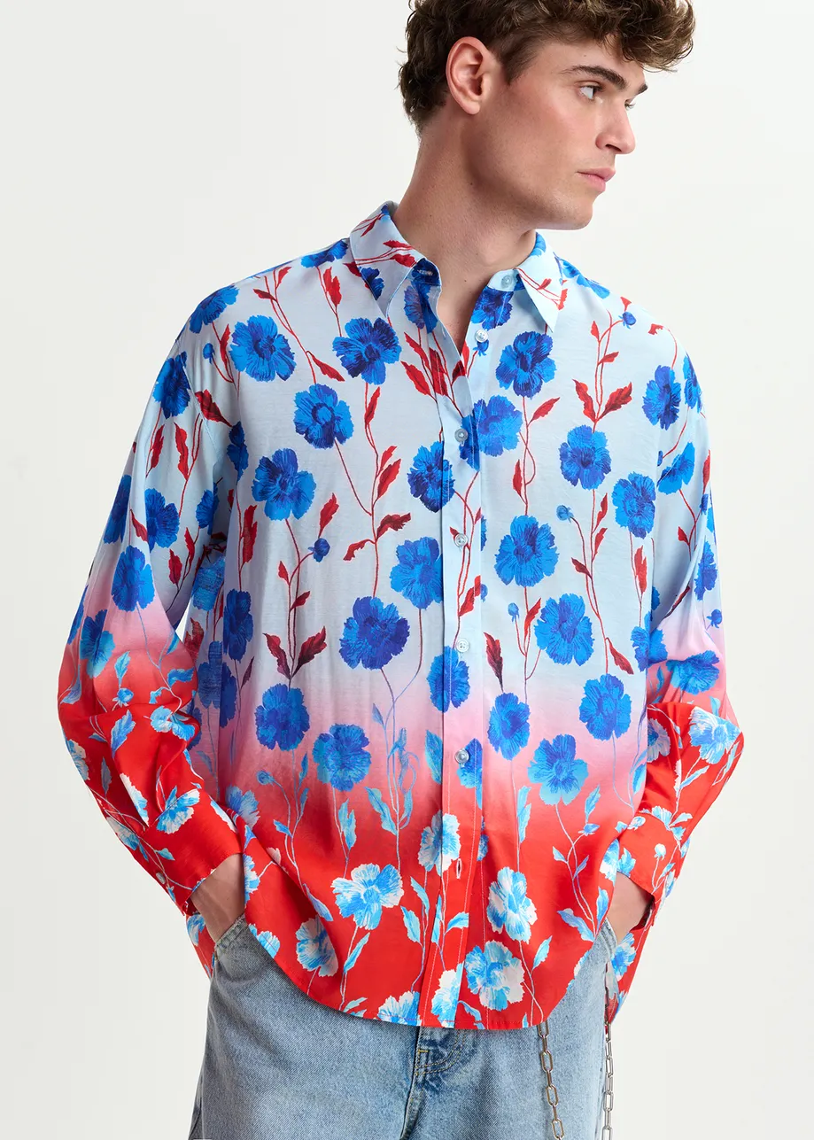 Blue, red and white satin shirt with floral print