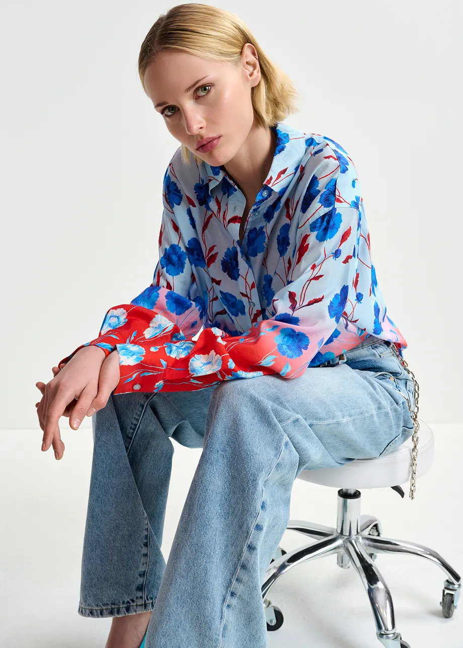 Blue, red and white satin shirt with floral print