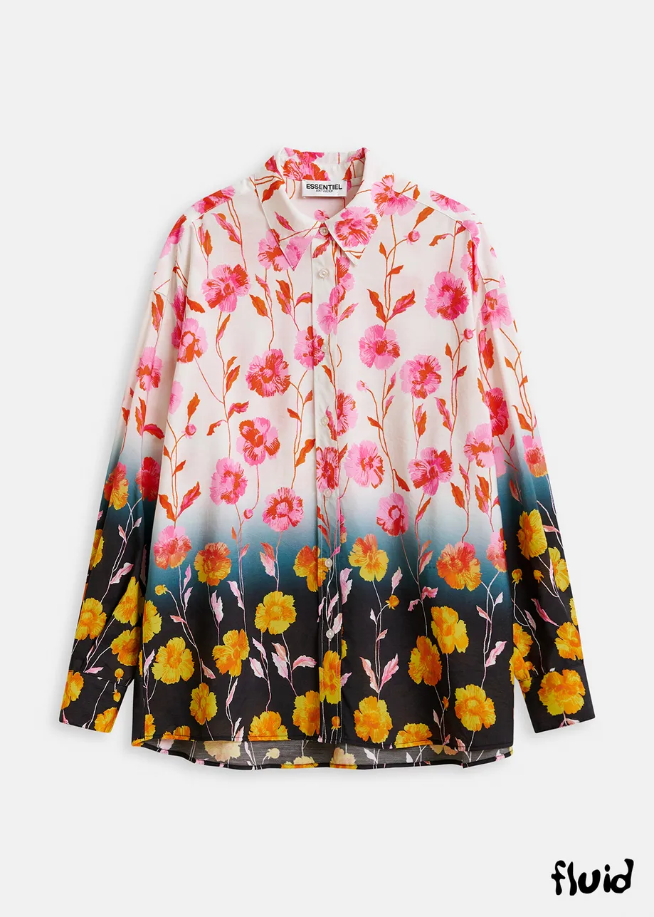 Off-white, pink and black satin shirt with floral print