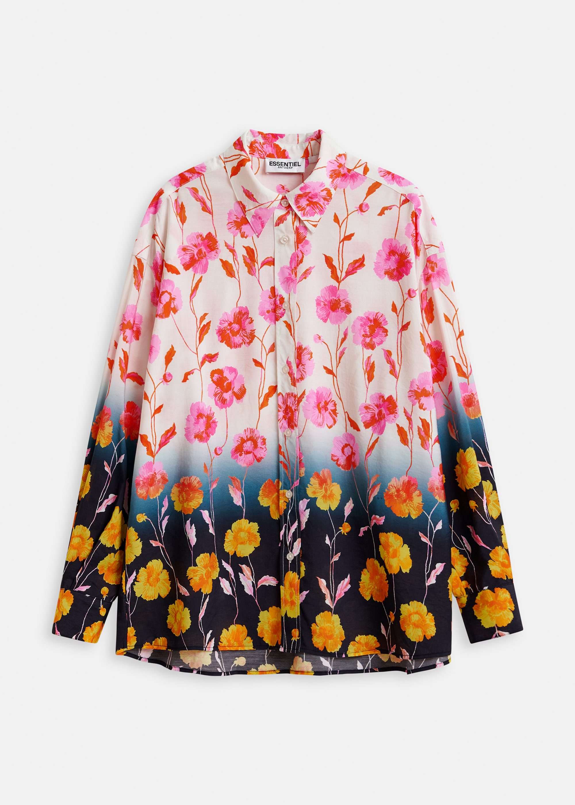 Off-white, pink and black satin shirt with floral print