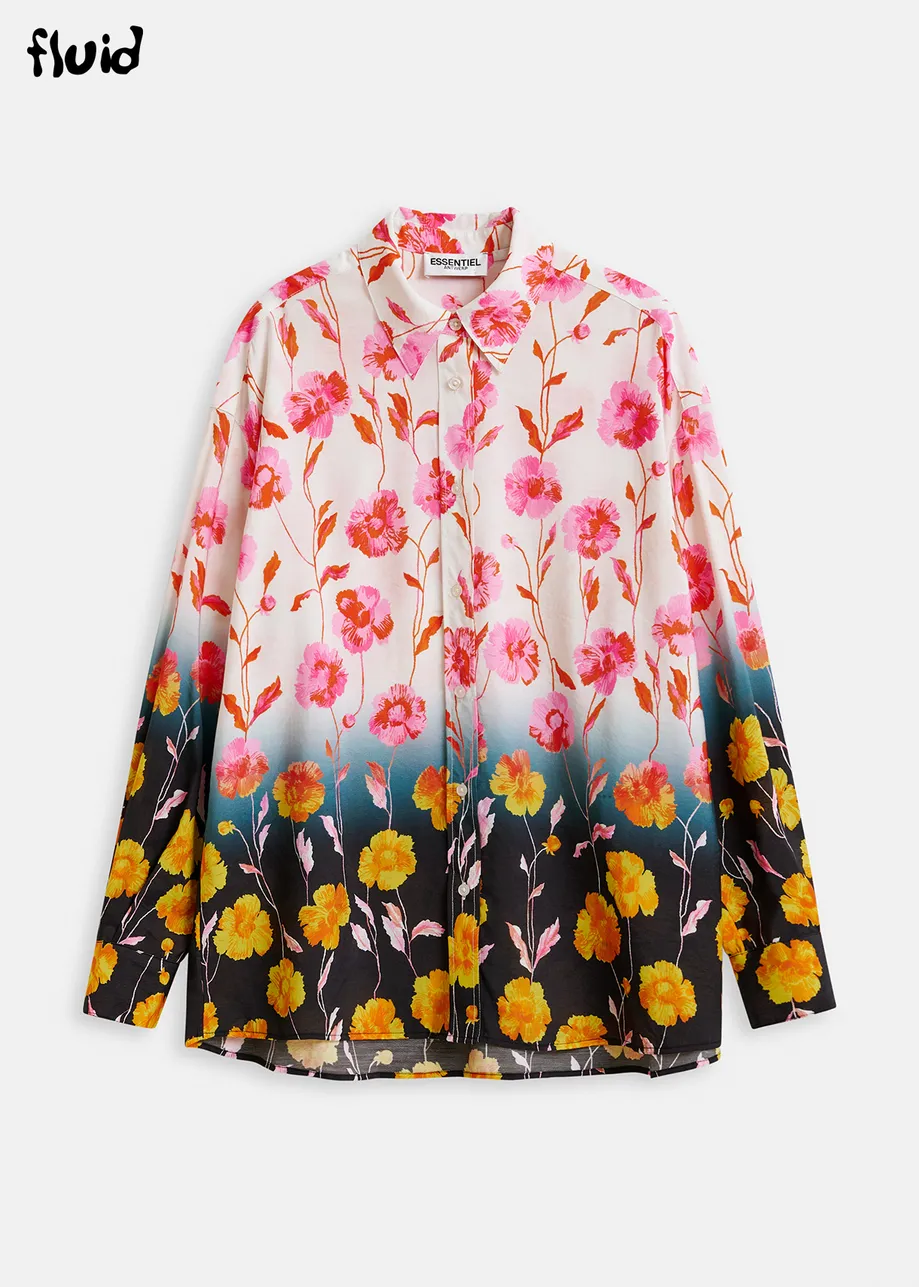 Off-white, pink and black satin shirt with floral print