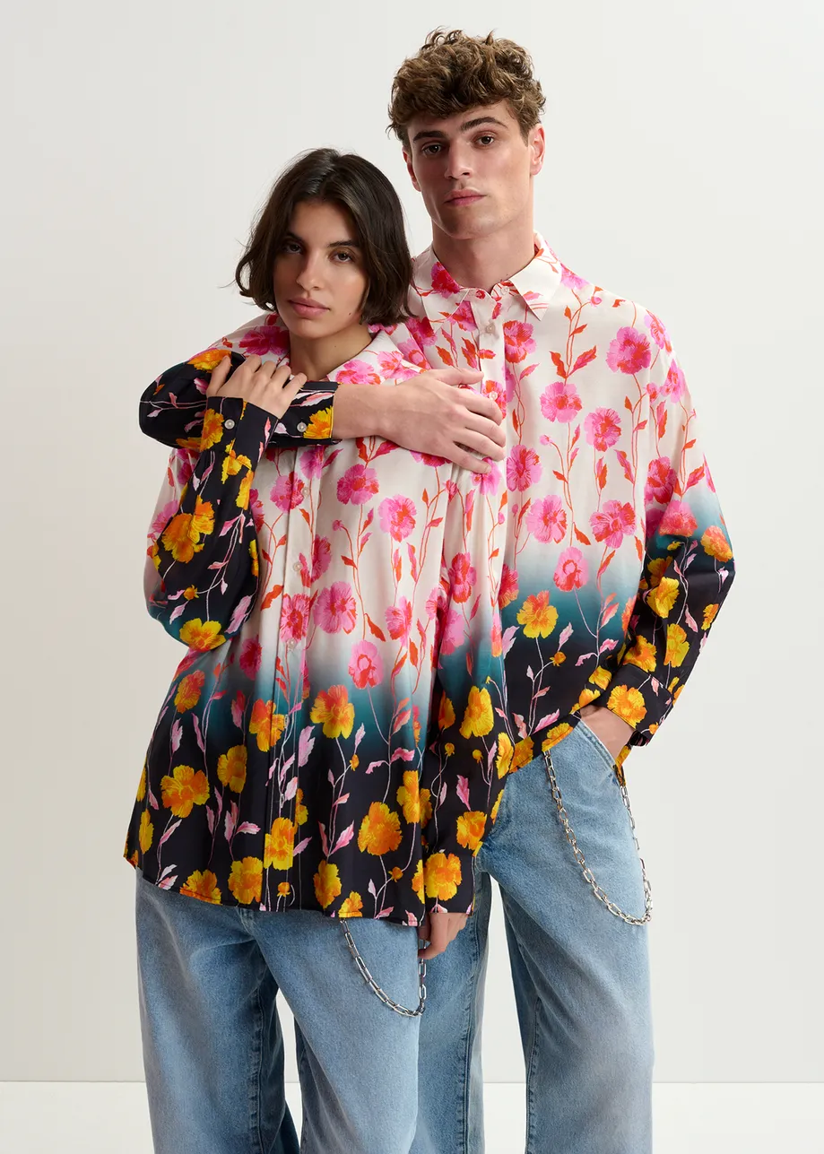 Off-white, pink and black satin shirt with floral print