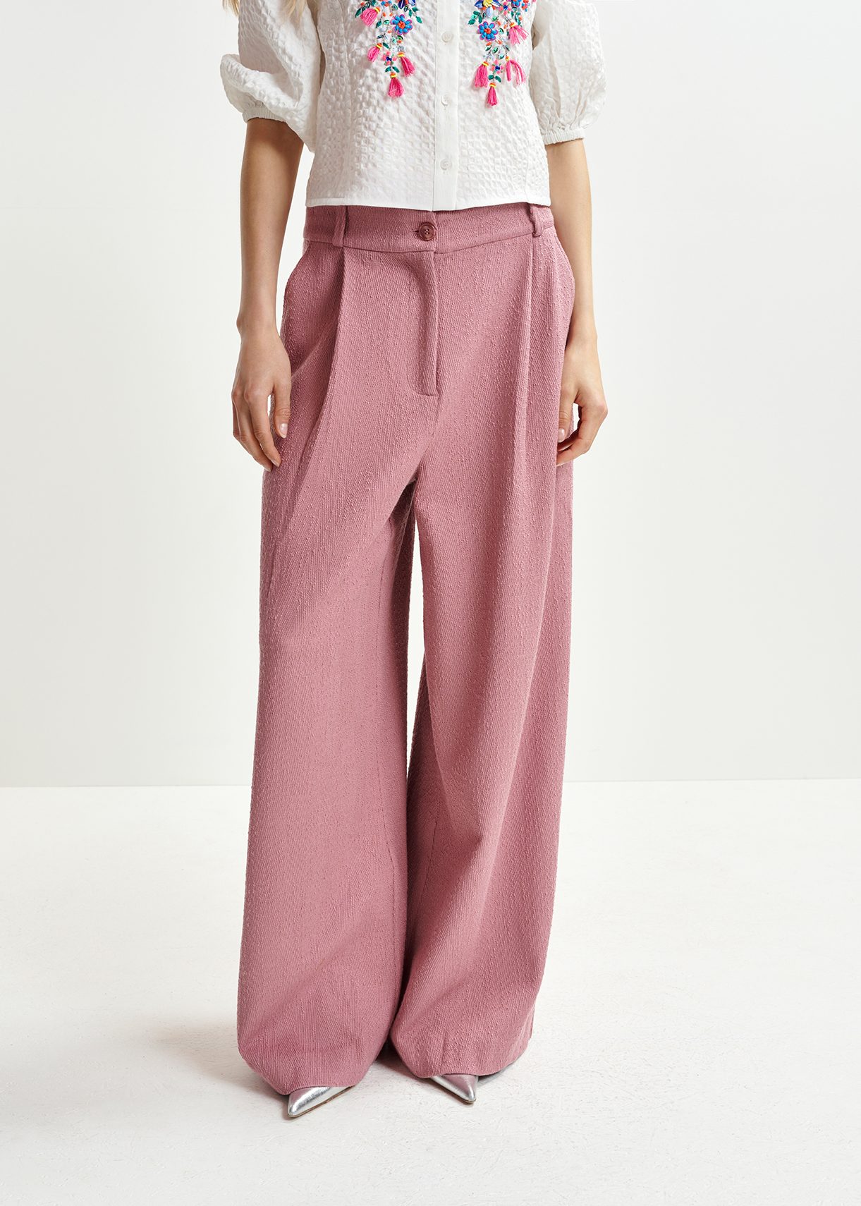 Dusty pink organic cotton blend wide-leg pants | Essentiel Antwerp