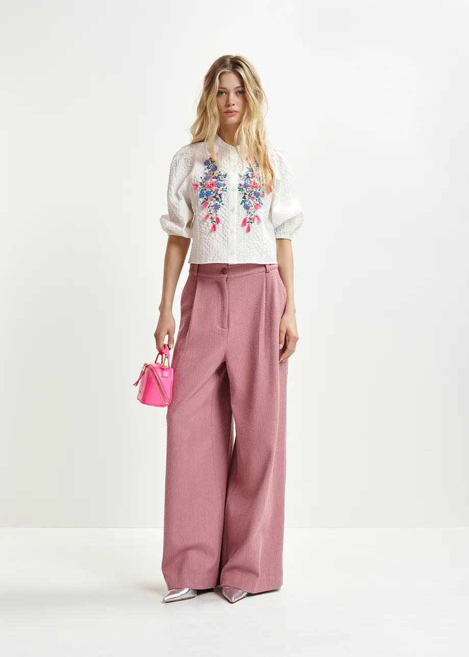 Pantalon large en coton bio mélangé rose poudré