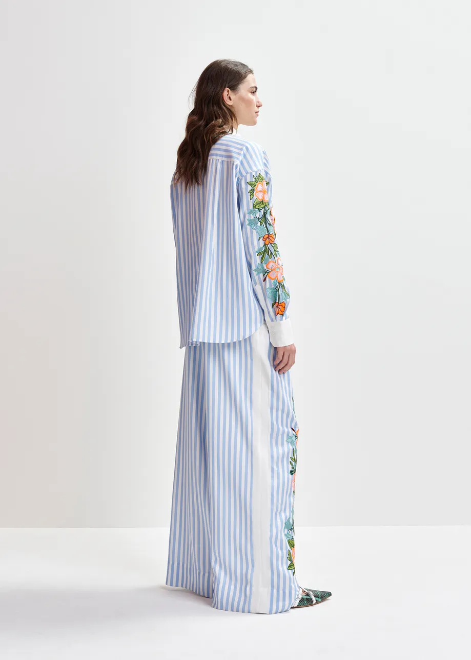 Blue, white and multicolored wide-leg pants with contrast border and embroideries