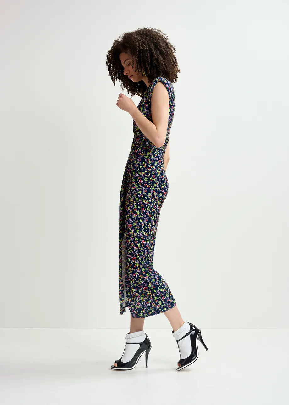 Donkerblauwe stretch jersey midi-jurk met bloemenprint