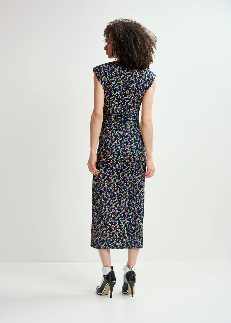 Donkerblauwe stretch jersey midi-jurk met bloemenprint