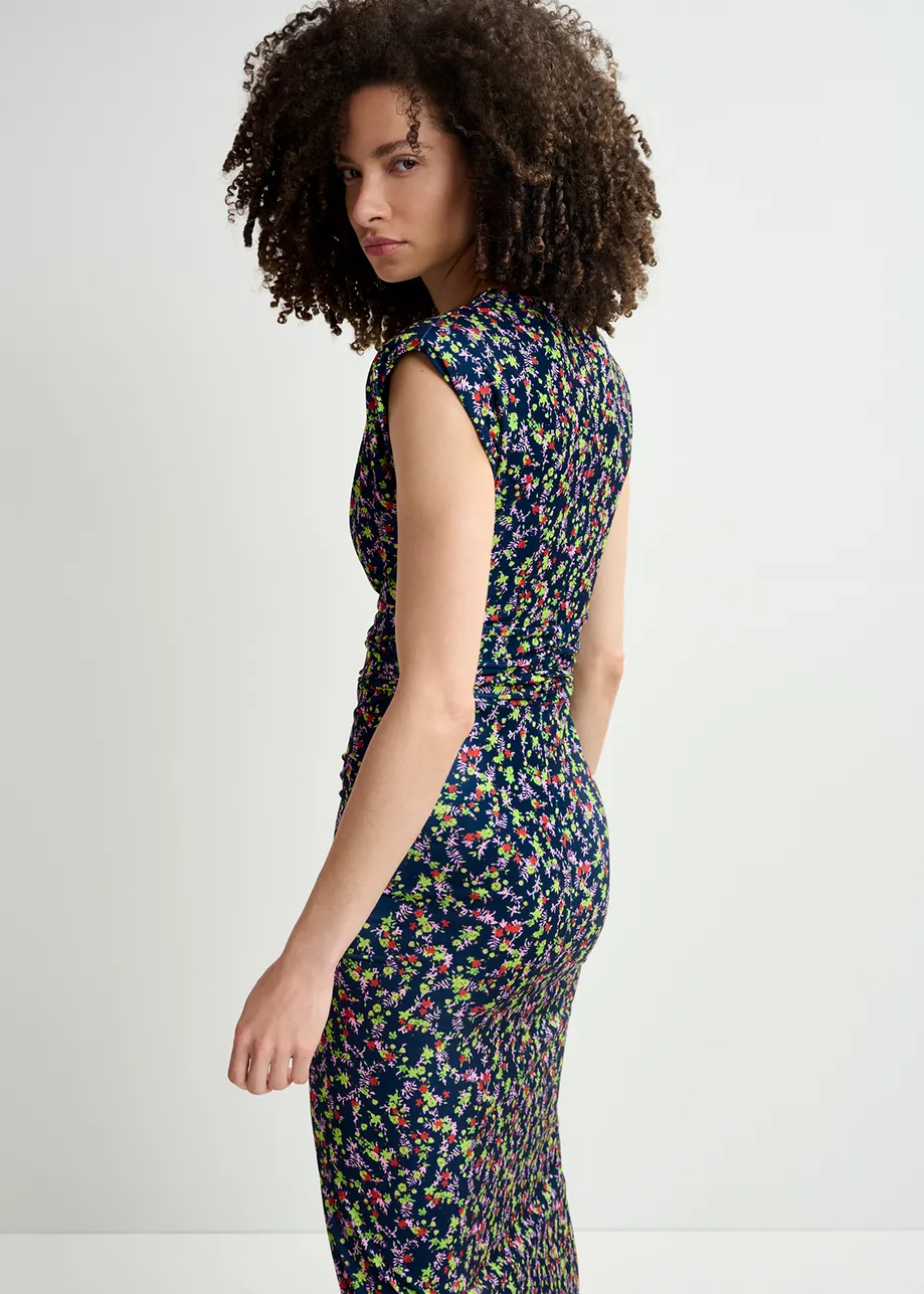 Donkerblauwe stretch jersey midi-jurk met bloemenprint
