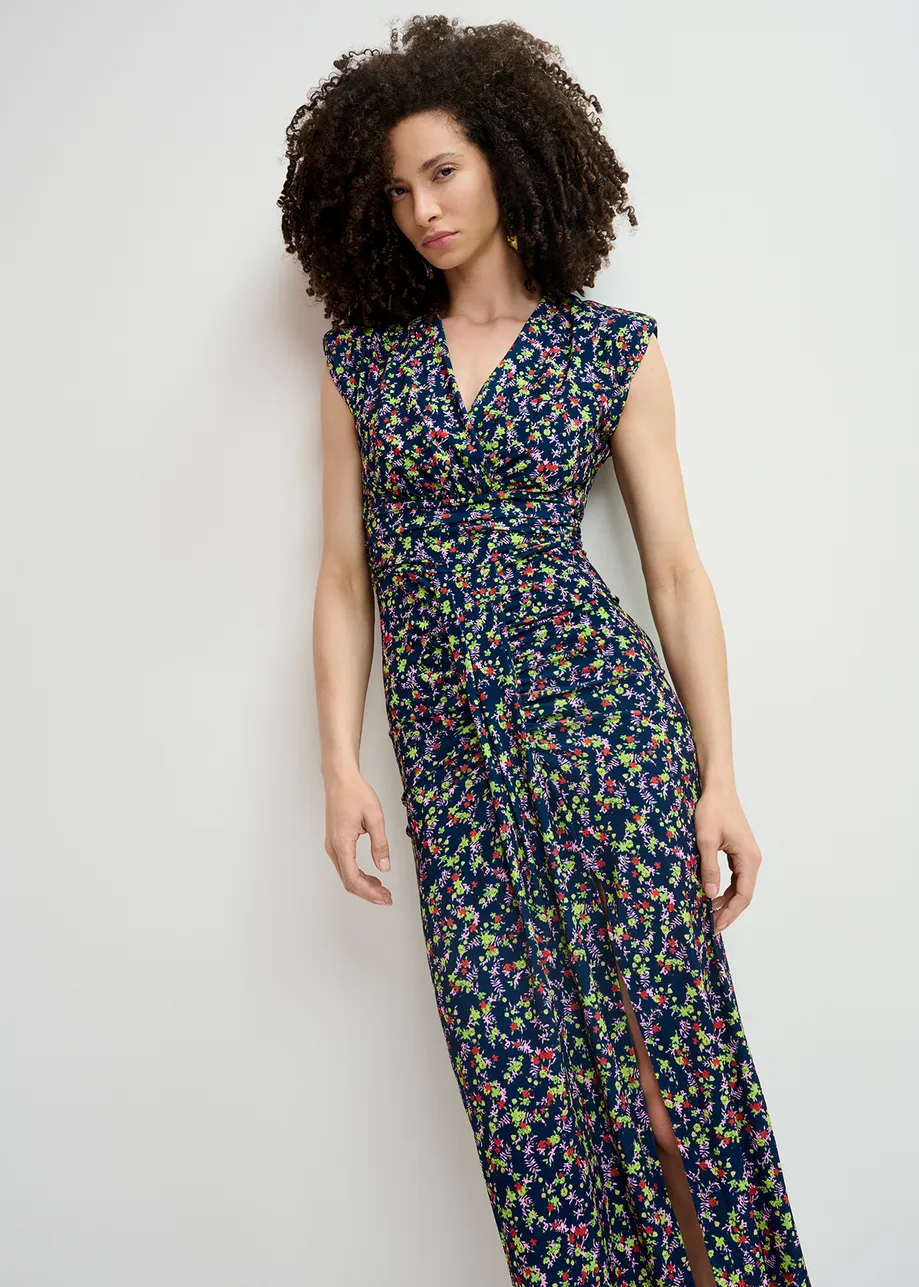 Donkerblauwe stretch jersey midi-jurk met bloemenprint