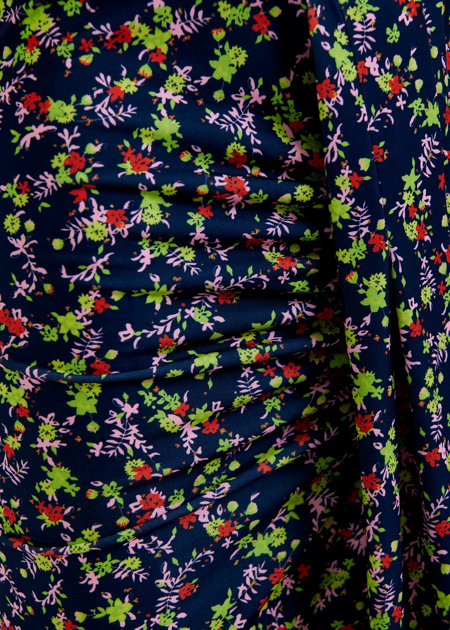 Donkerblauwe stretch jersey midi-jurk met bloemenprint