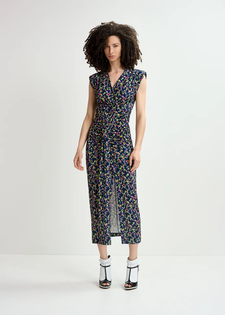 Robe mi-longue en jersey bleu foncé à imprimé fleuri