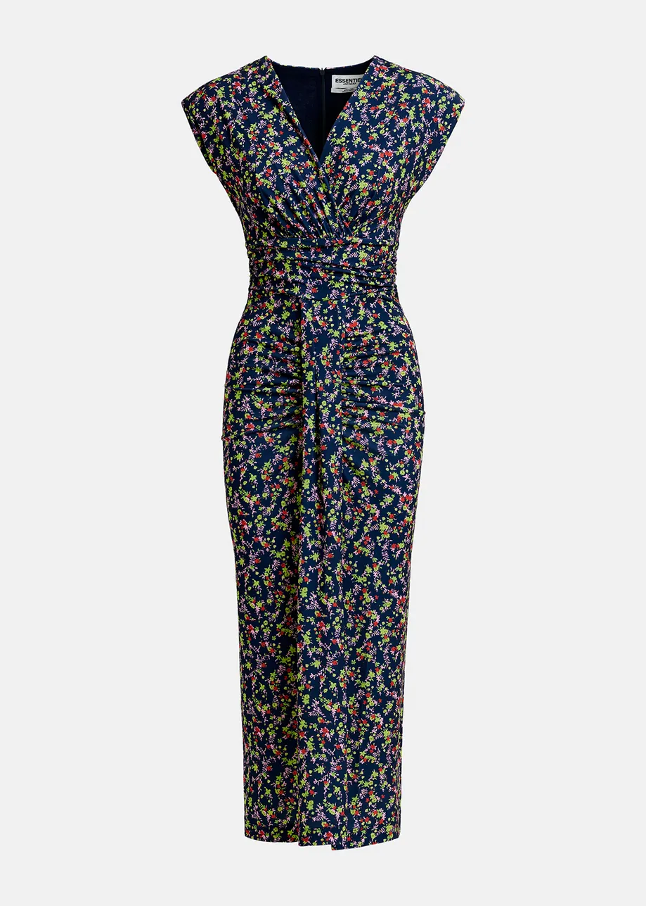 Donkerblauwe stretch jersey midi-jurk met bloemenprint