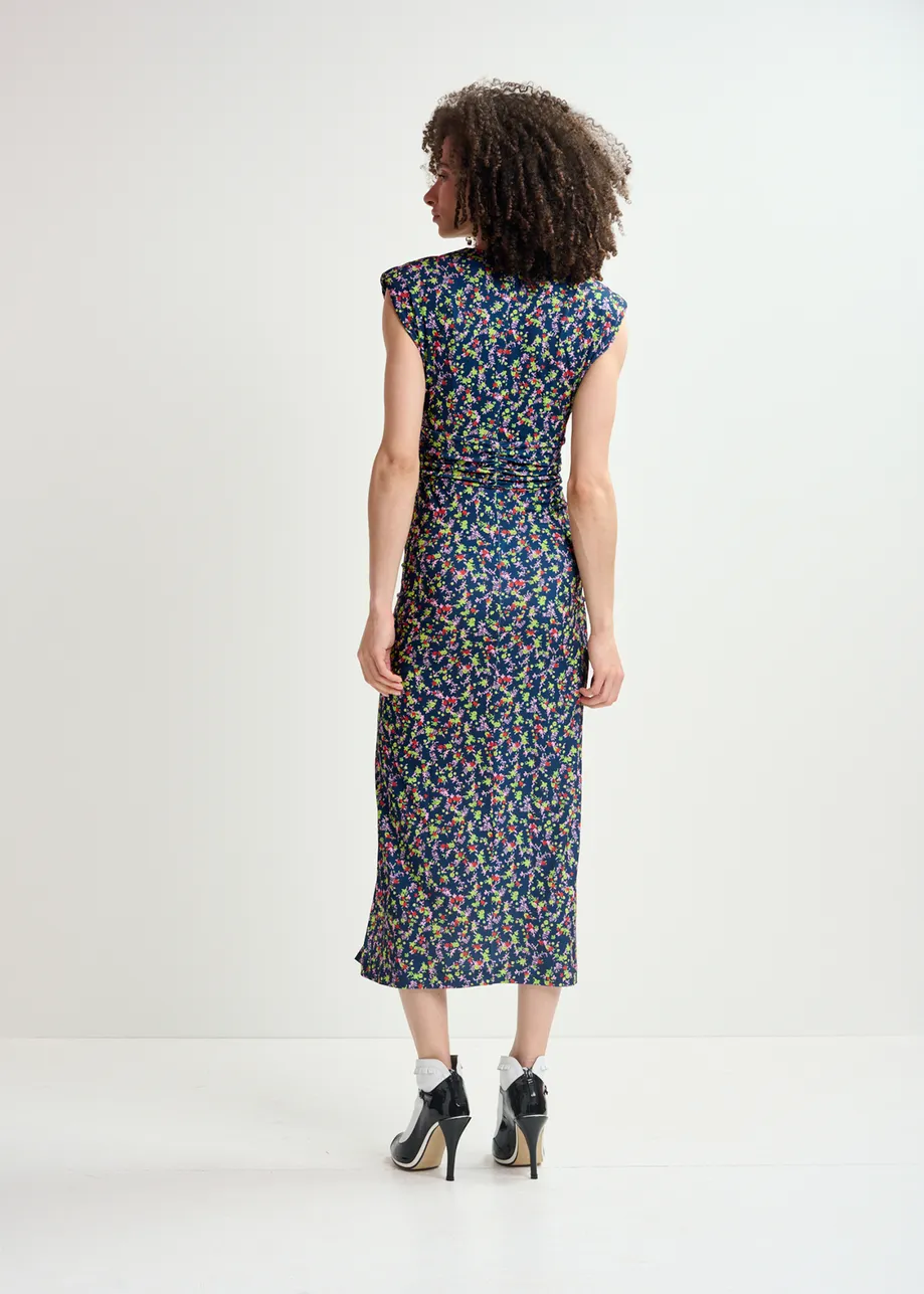 Robe mi-longue en jersey bleu foncé à imprimé fleuri