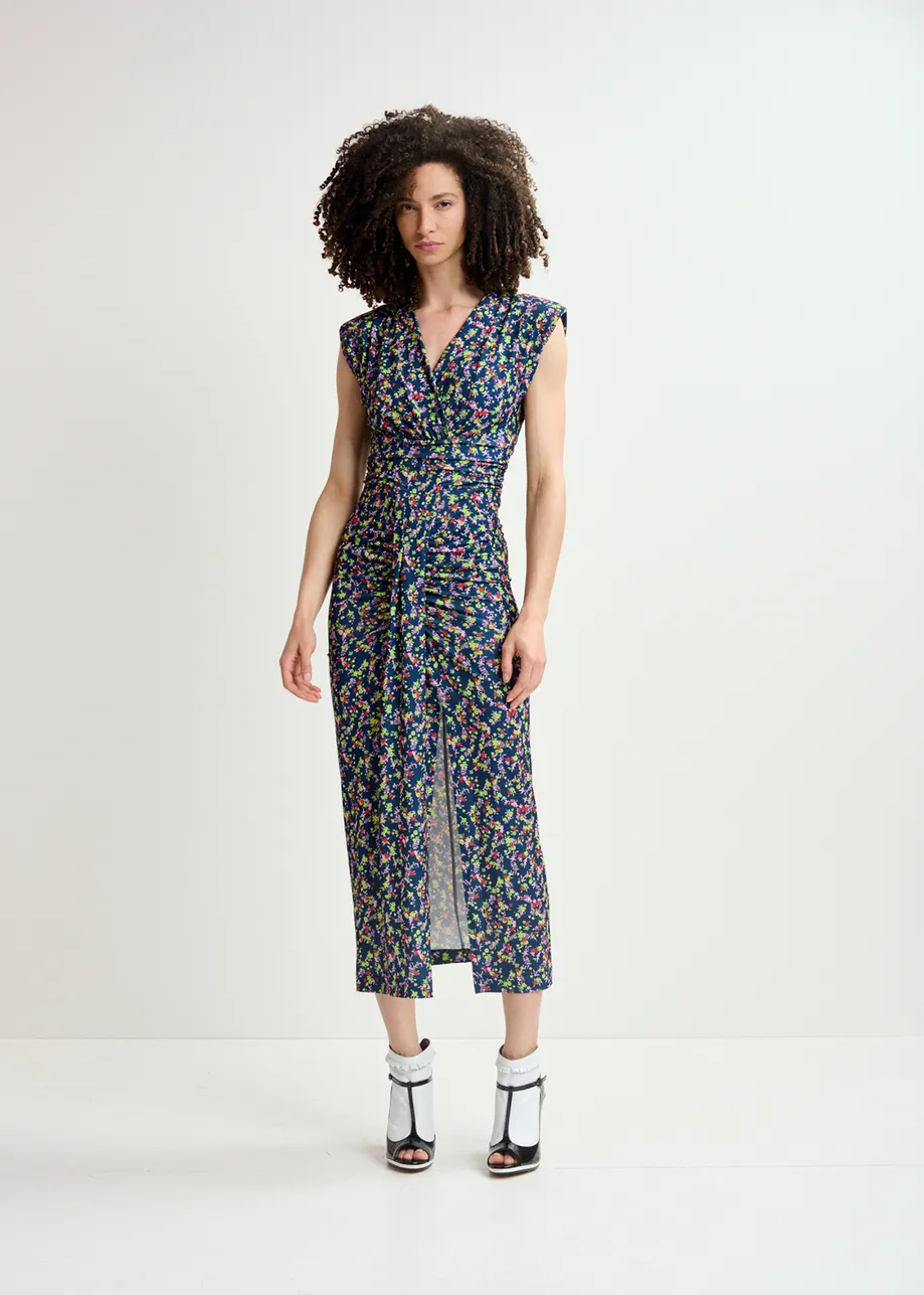 Robe mi-longue en jersey bleu foncé à imprimé fleuri