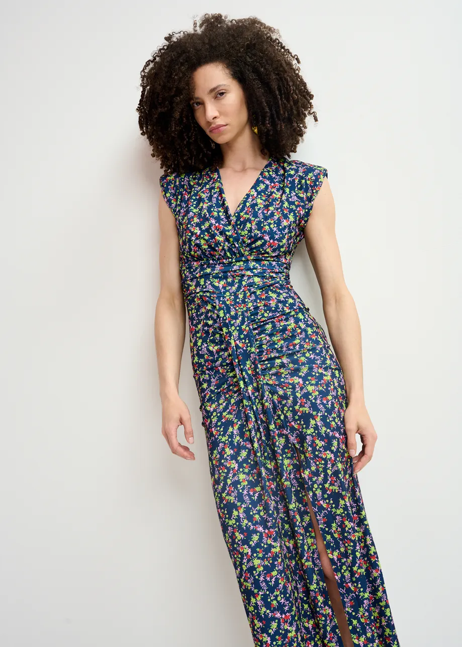 Robe mi-longue en jersey bleu foncé à imprimé fleuri