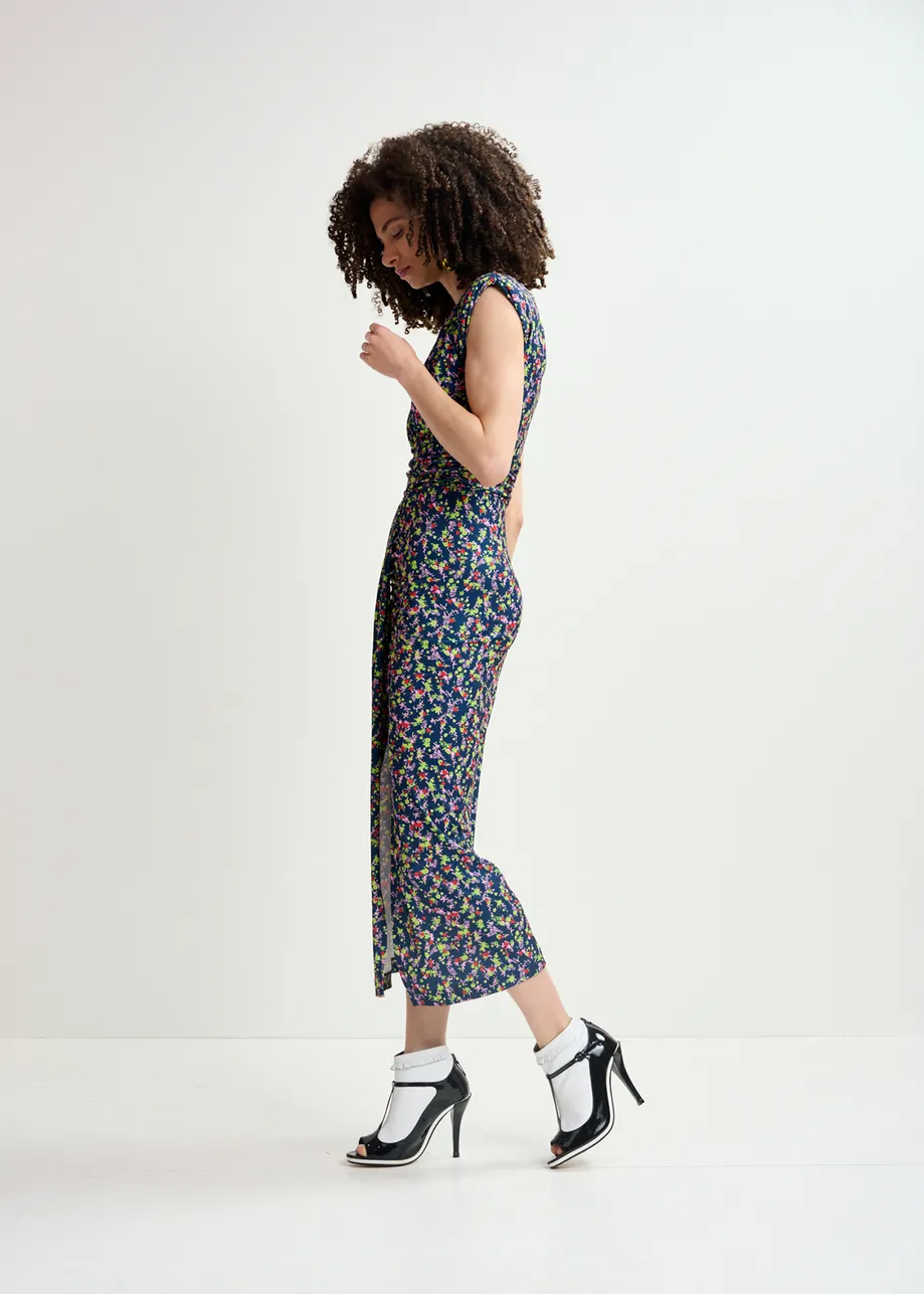 Robe mi-longue en jersey bleu foncé à imprimé fleuri