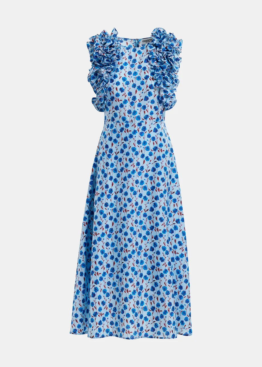 Vestido midi de seda con estampado floral y volantes, azul y burdeos