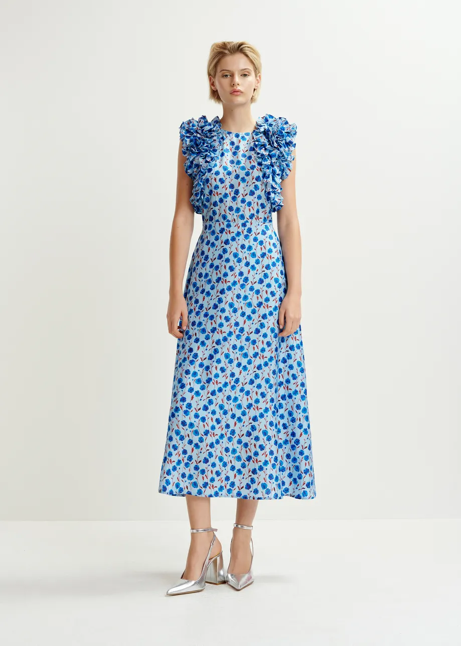 Vestido midi de seda con estampado floral y volantes, azul y burdeos