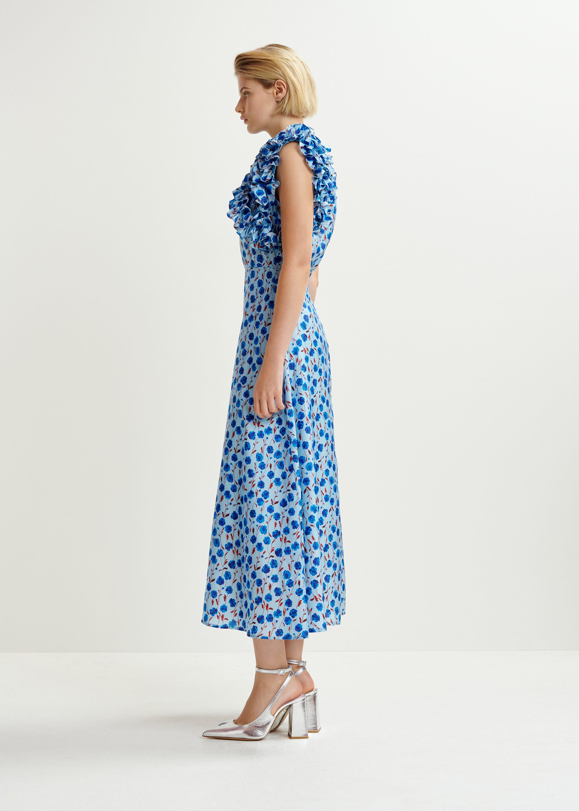 ワンピース [ESSENTIEL ANTWERPILLIGO] Flower midi dress Beige and pink asymetrical midi dress with ruffle details