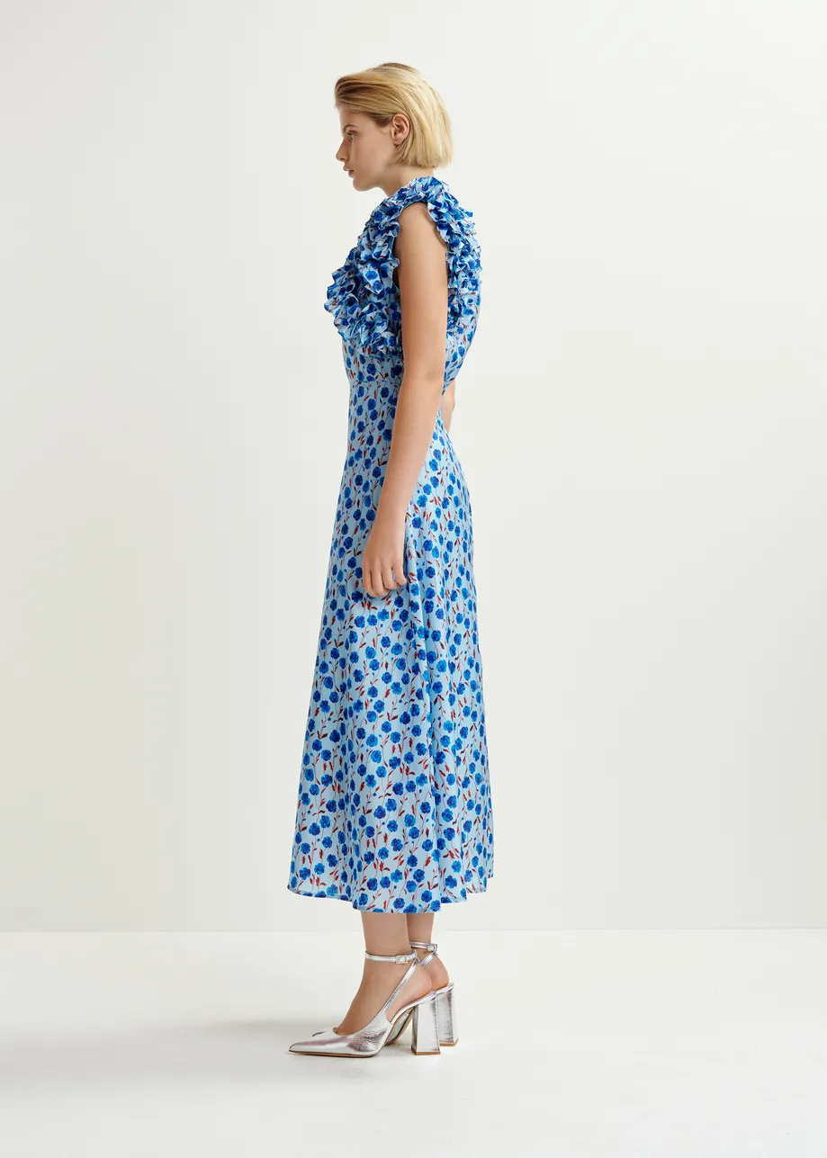 Vestido midi de seda con estampado floral y volantes, azul y burdeos