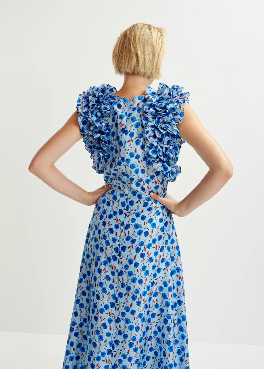 Vestido midi de seda con estampado floral y volantes, azul y burdeos