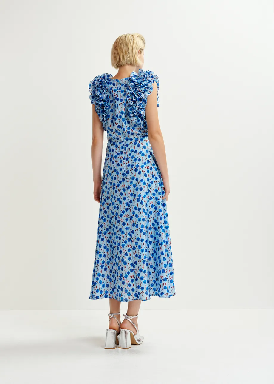 Vestido midi de seda con estampado floral y volantes, azul y burdeos