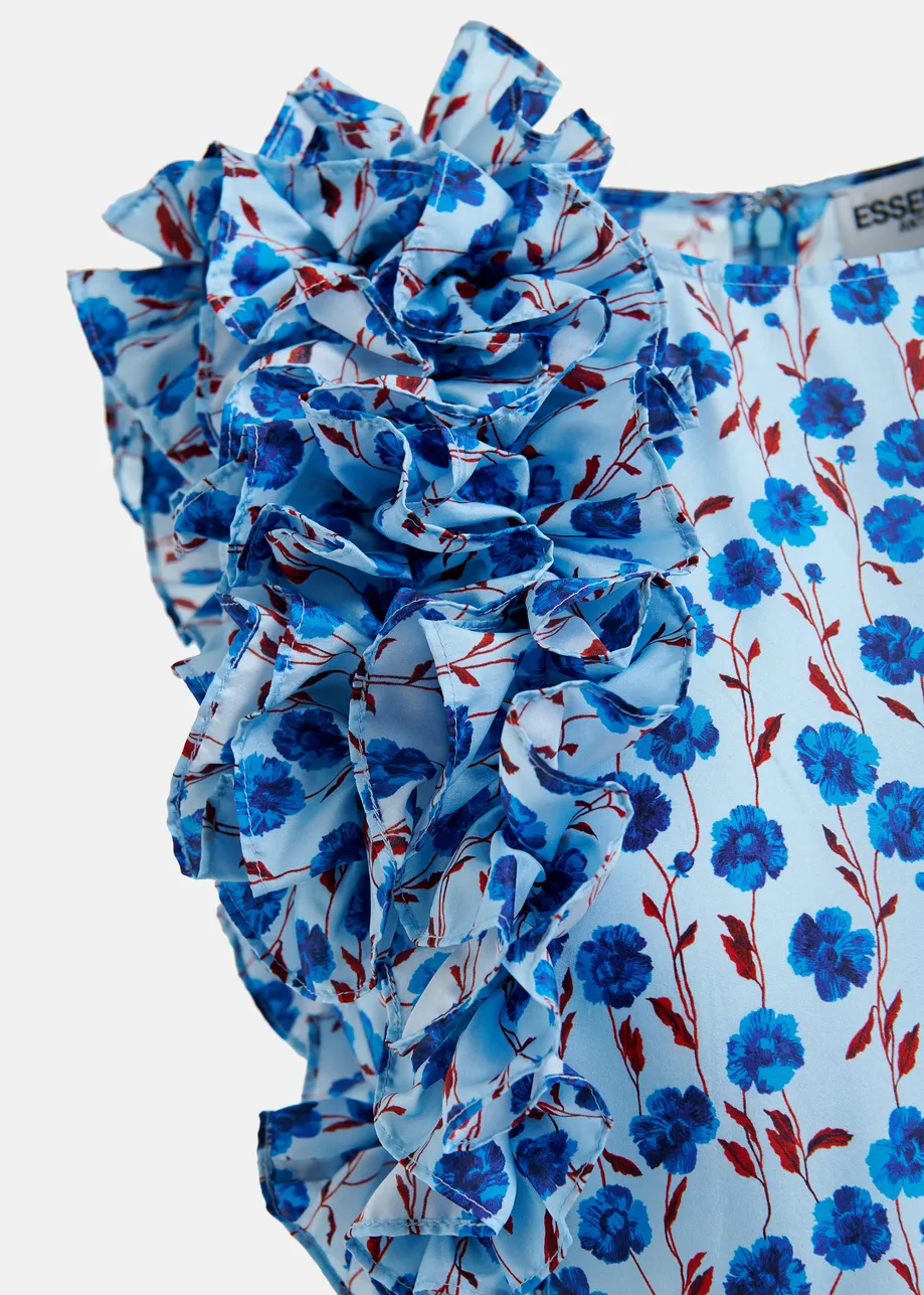 Blauwe en bordeaux zijden midi-jurk met bloemenprint en volants