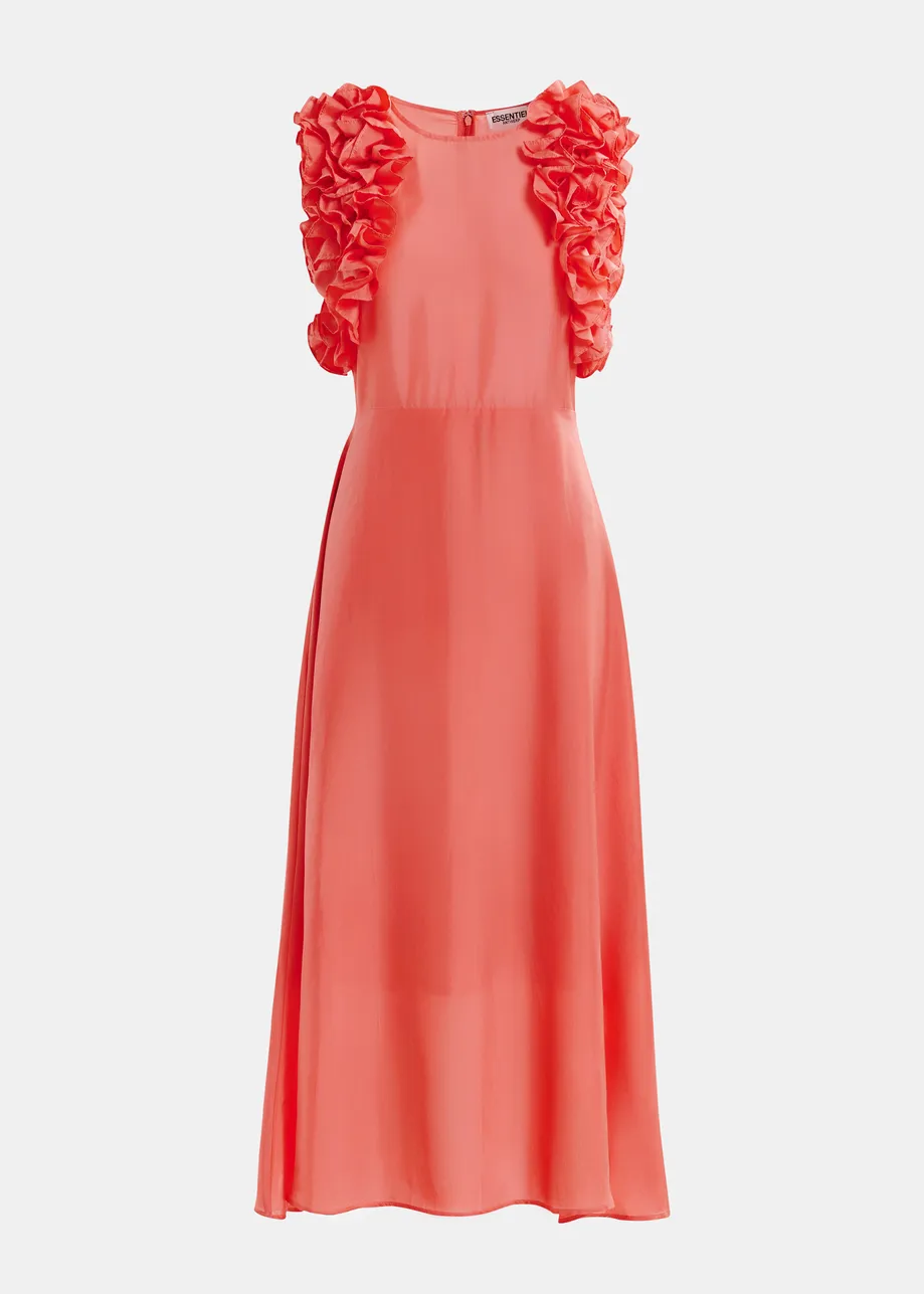 Coral silk floral-print midi dress with ruffles