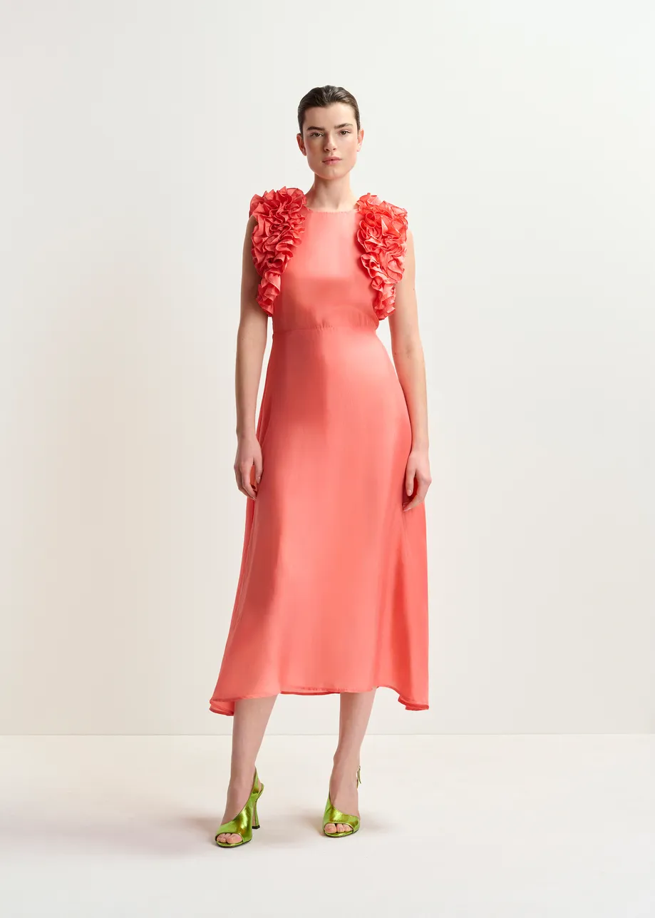 Coral silk floral-print midi dress with ruffles