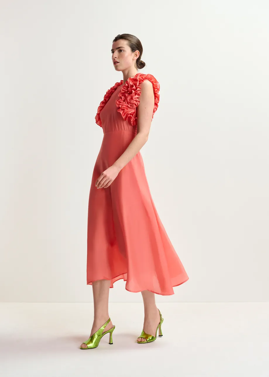 Coral silk floral-print midi dress with ruffles